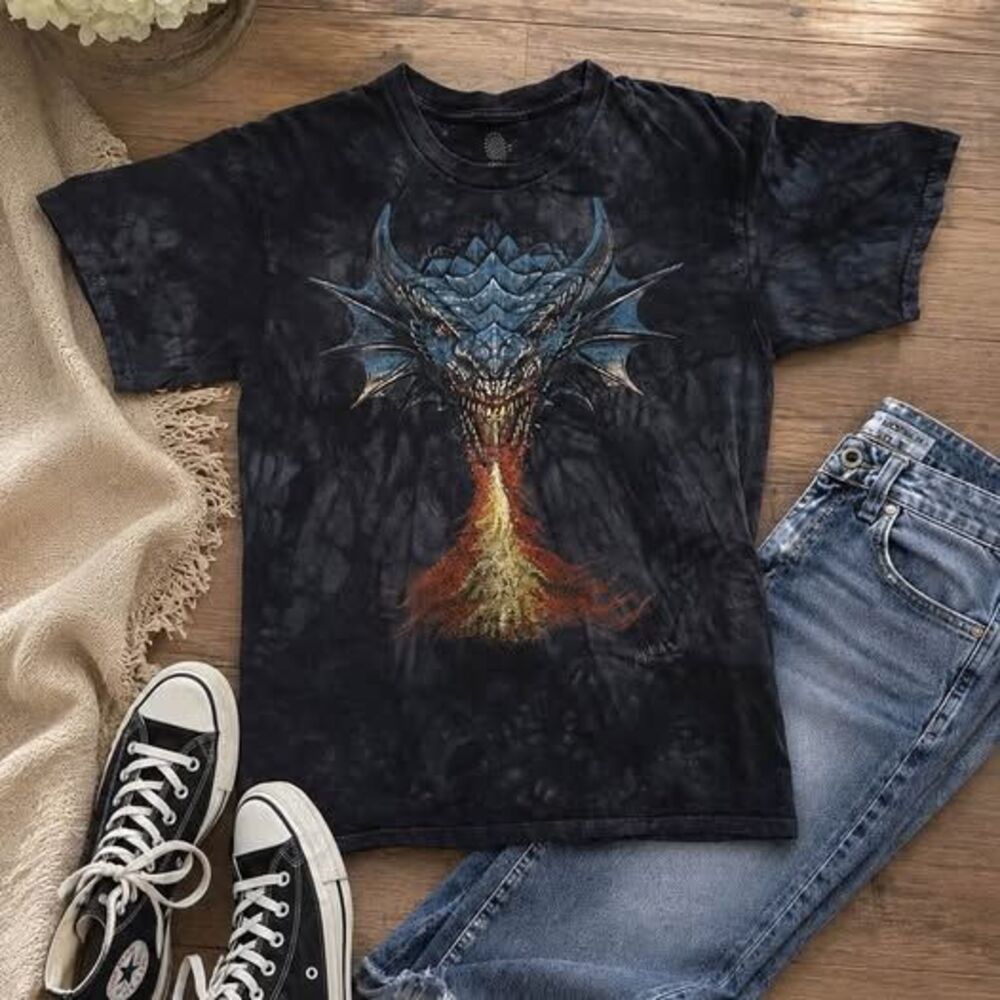 The Mountain Fire Dragon Graphic T-Shirt – Black Tie-Dye – Size Large